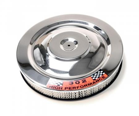 Scott Drake 1964-1973 Ford Mustang 14" Chrome Air Cleaner, with Blue Base and 302 Hi-Po Decal C8ZZ-9600-W