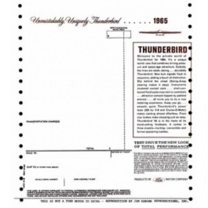 Ford Thunderbird Window Price Sticker, New Car, 1965