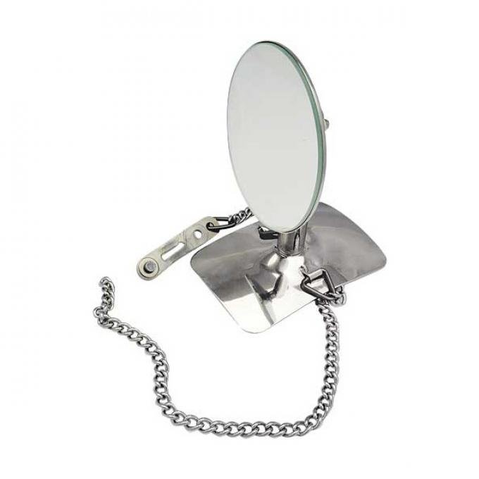 Model A Ford Spare Tire Side Mount Rear View Mirror - Chrome Base & Arm With Stainless Mirror Head - Chain Mount