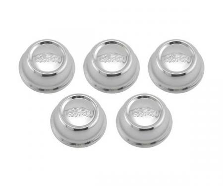 Model A Ford Hub Cap Set - 5 Pieces - Chrome Plated - Ford Script - Fits 2-5/8 Rim Opening - Reproduction