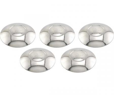 Model A Ford Hub Cap Set - 5 Pieces - Stainless Steel - Ford Script - Fits 3-3/4 Rim Opening - Reproduction