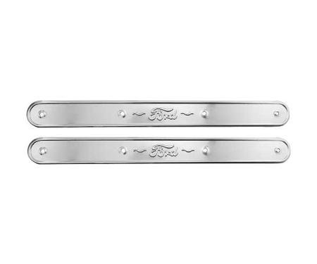 Model A Ford Door Sill Plates - Ford Script - 19-5/8 - Tudor Sedan - Stamped Aluminum