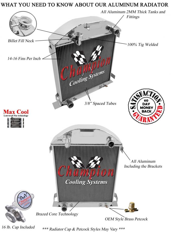 Champion Cooling 1928-1929 Ford Model A 3 Row All Aluminum Radiator Made  With Aircraft Grade Aluminum CC2829B-CH